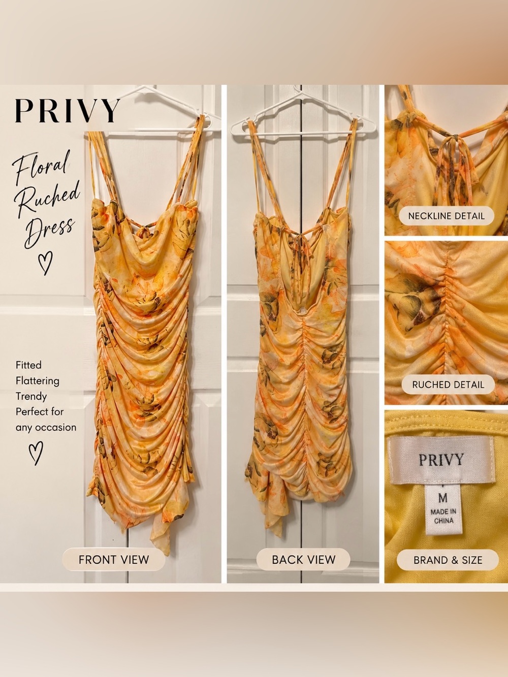 Privacy Please Yellow Floral Ruched Slip Dress with Draped Neckline
